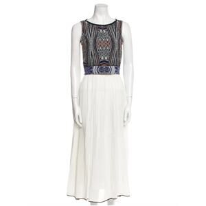 FORTE FORTE Resort White Silk Multi Dress Geometric Pleated Boat Neck Zip 0 XS